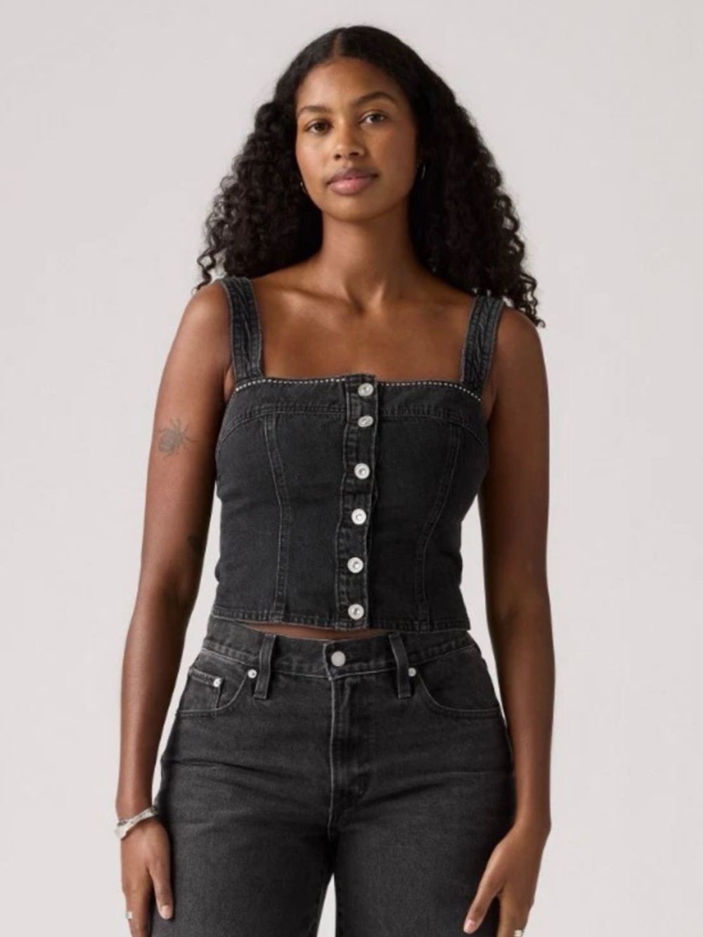 🆕 Levi's Drea Tank Top, Size Small Stretch Black Denim Corset Rhinestone NWT